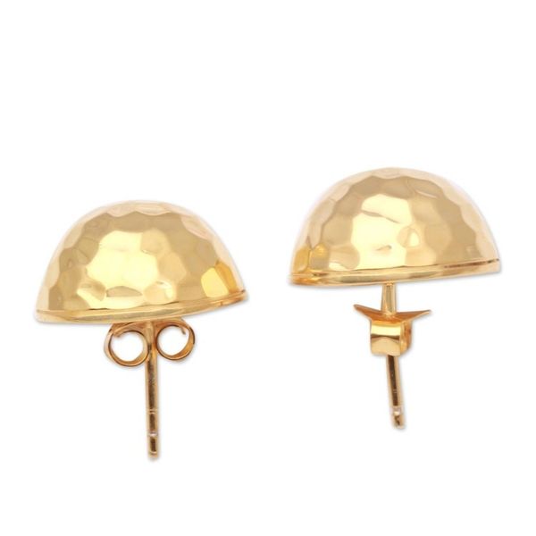 Alternate image for Domed Gold Plated Sterling Silver Button Earrings from Bali Hammered Domes