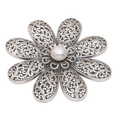 Alternate image for Handmade 925 Sterling Silver Cultured Pearl Floral Brooch Starlight Flower