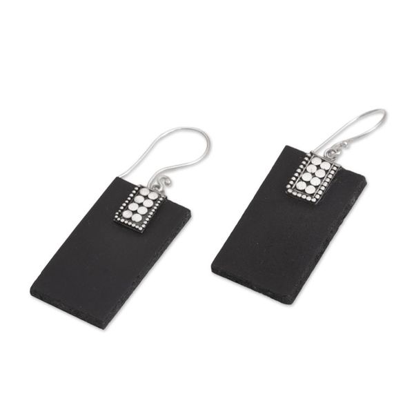 Alternate image for Indonesian Lava Stone and Sterling Silver Handmade Earrings Sukawati Dominoes