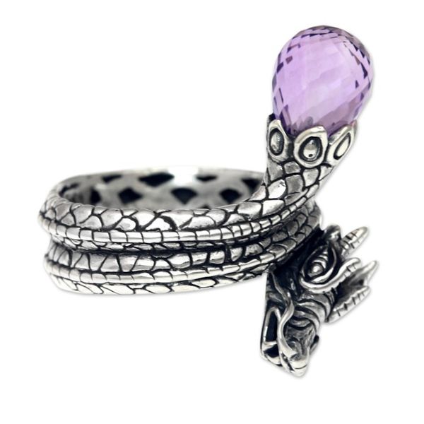 Alternate image for Original Artisan Crafted Silver Dragon Ring with Amethyst Royal Dragon