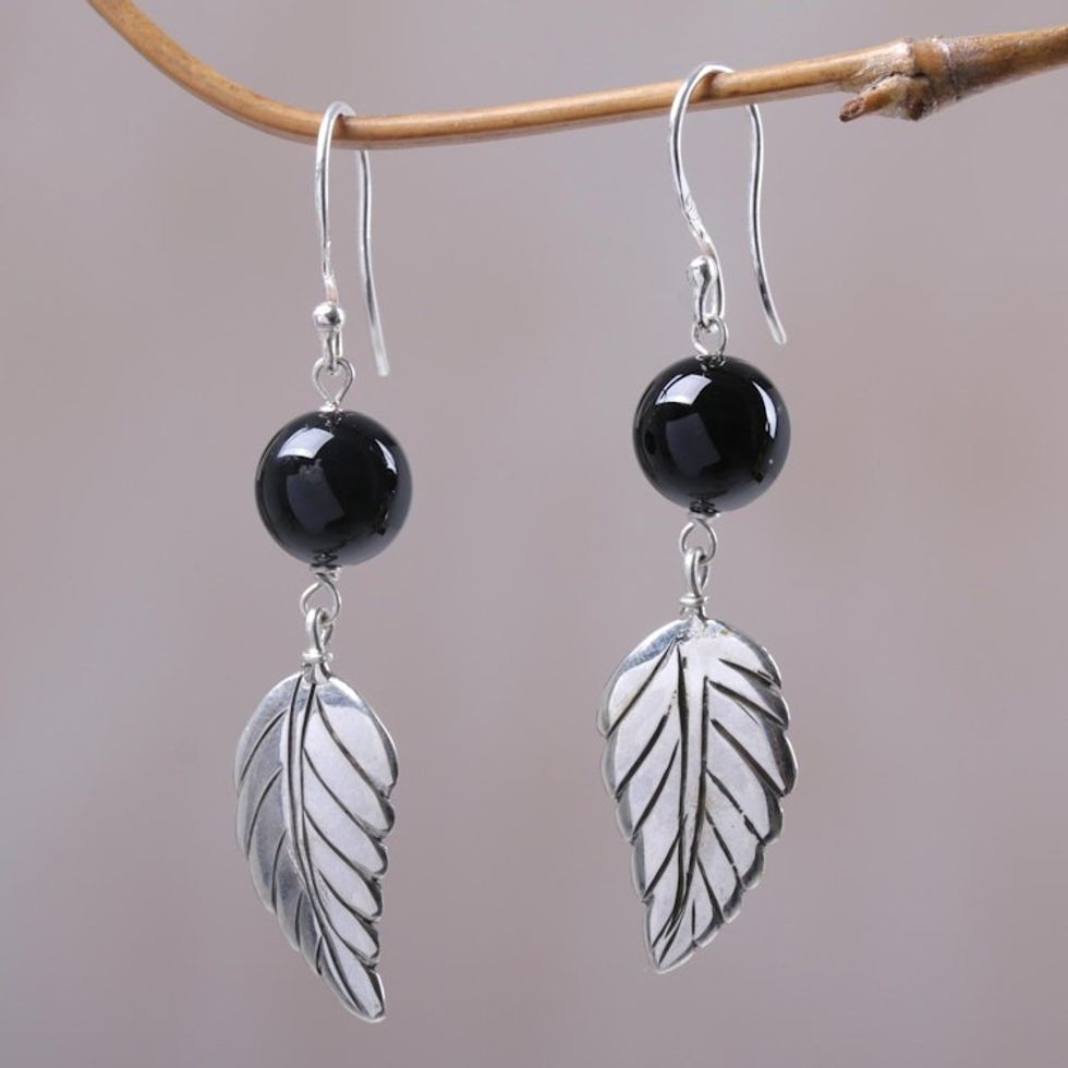 Black Onyx Leaf Dangle Earrings from Indonesia 'Lucky Manggis'