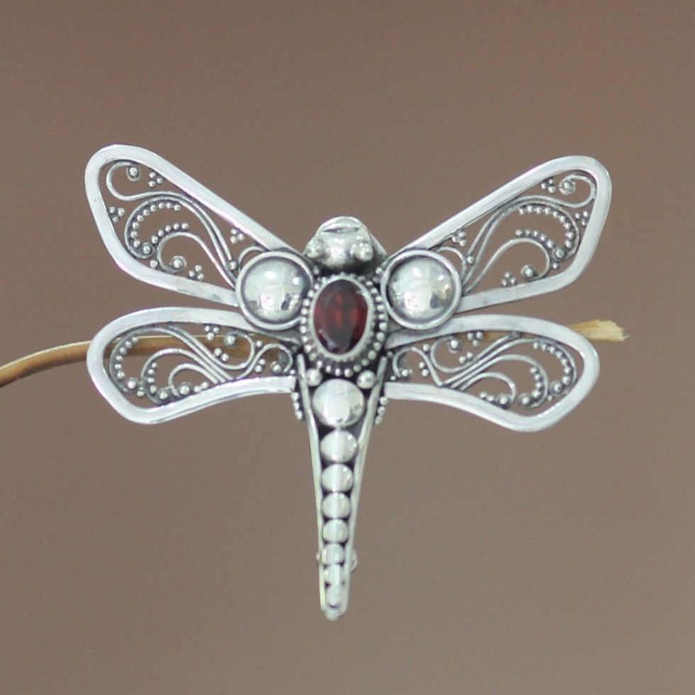 Indonesian Garnet and Silver Brooch Pin 'Scarlet Dragonfly'