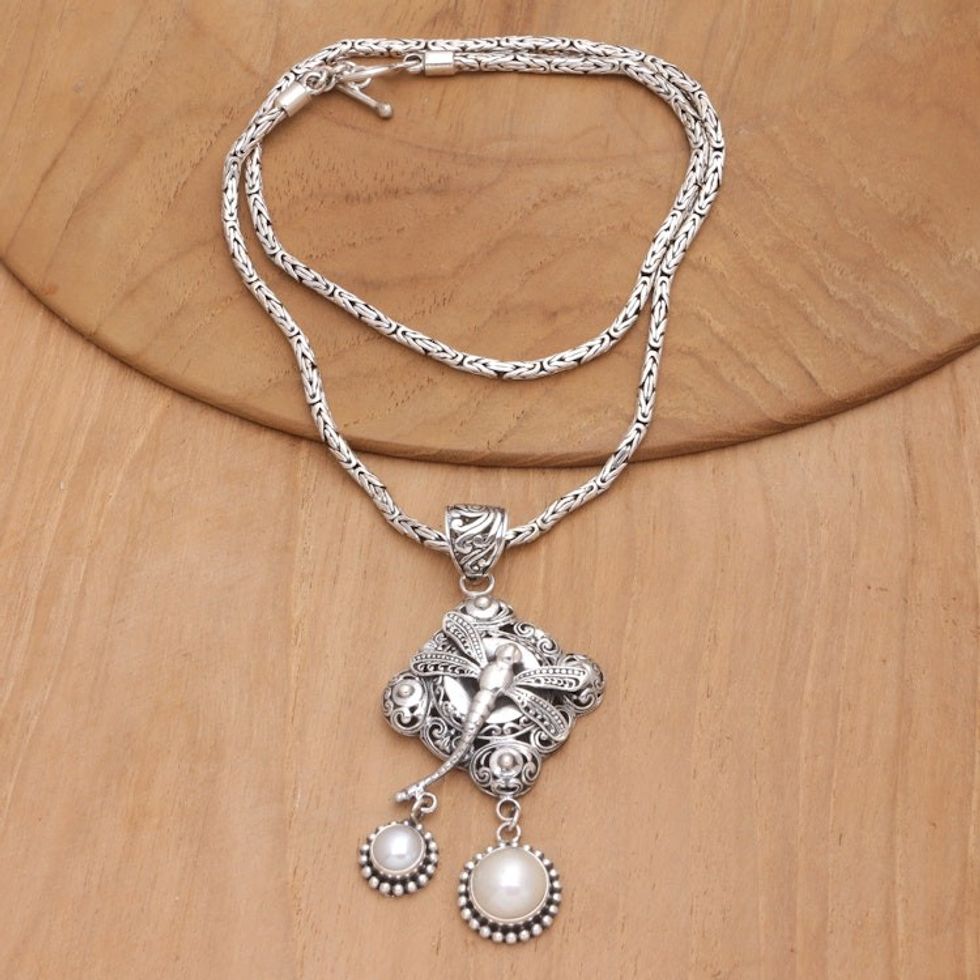 Dragonfly Cultured Pearl Pendant Necklace from Bali 'Noble Dragonfly'