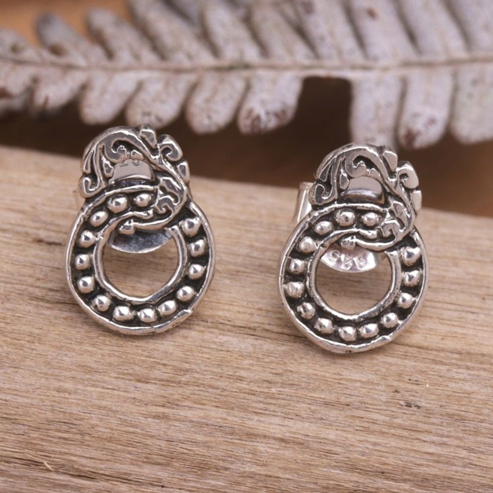 Sterling Silver Button Earrings with Balinese Motifs 'Joined Rings'