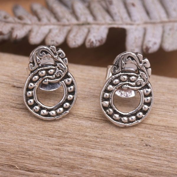 Alternate image for Sterling Silver Button Earrings with Balinese Motifs Joined Rings
