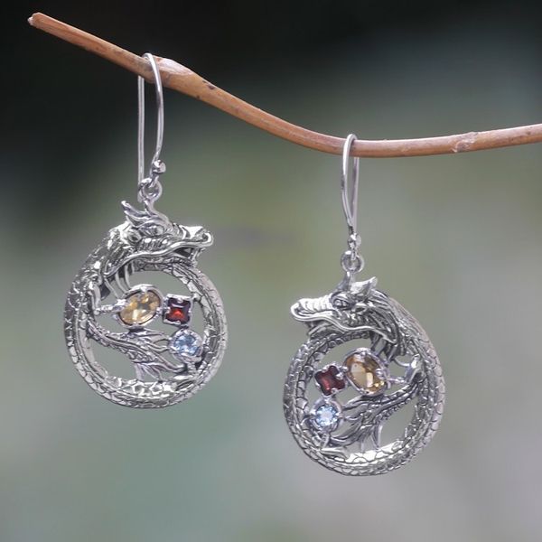 Alternate image for Sterling Silver Dragon Earrings Garnet Citrine and Topaz Dragons Prize