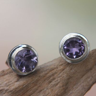 Alternate image for Round Amethyst and Sterling Silver 925 Stud Earrings Purple Simplicity