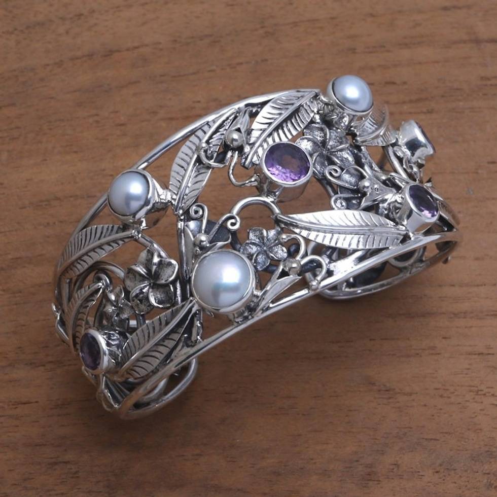 Floral 925 Silver Cuff Bracelet with Amethysts and Pearls 'Temple Garden'