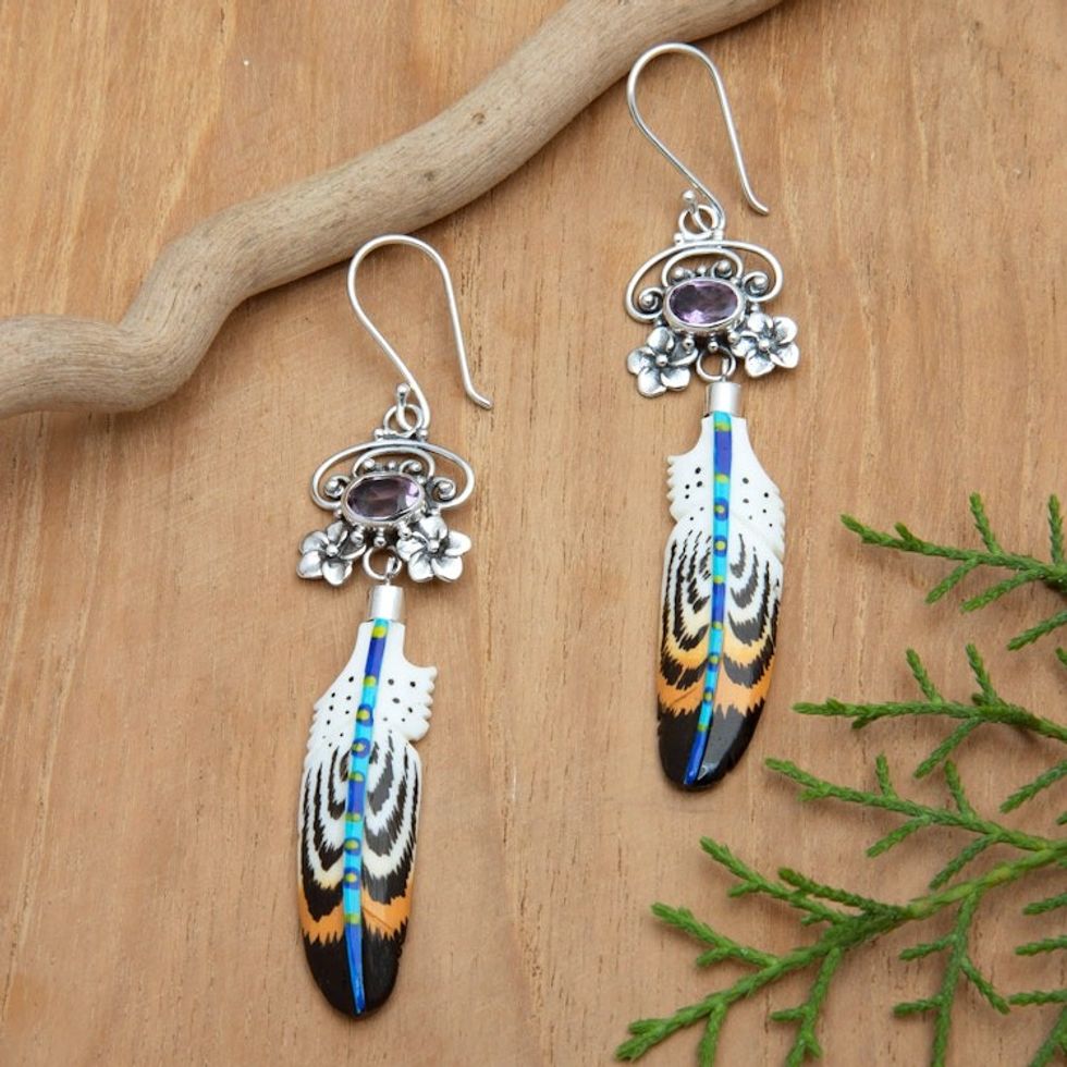 Feather-Themed Sterling Silver Dangle Earrings with Amethyst 'Sage's Feather'