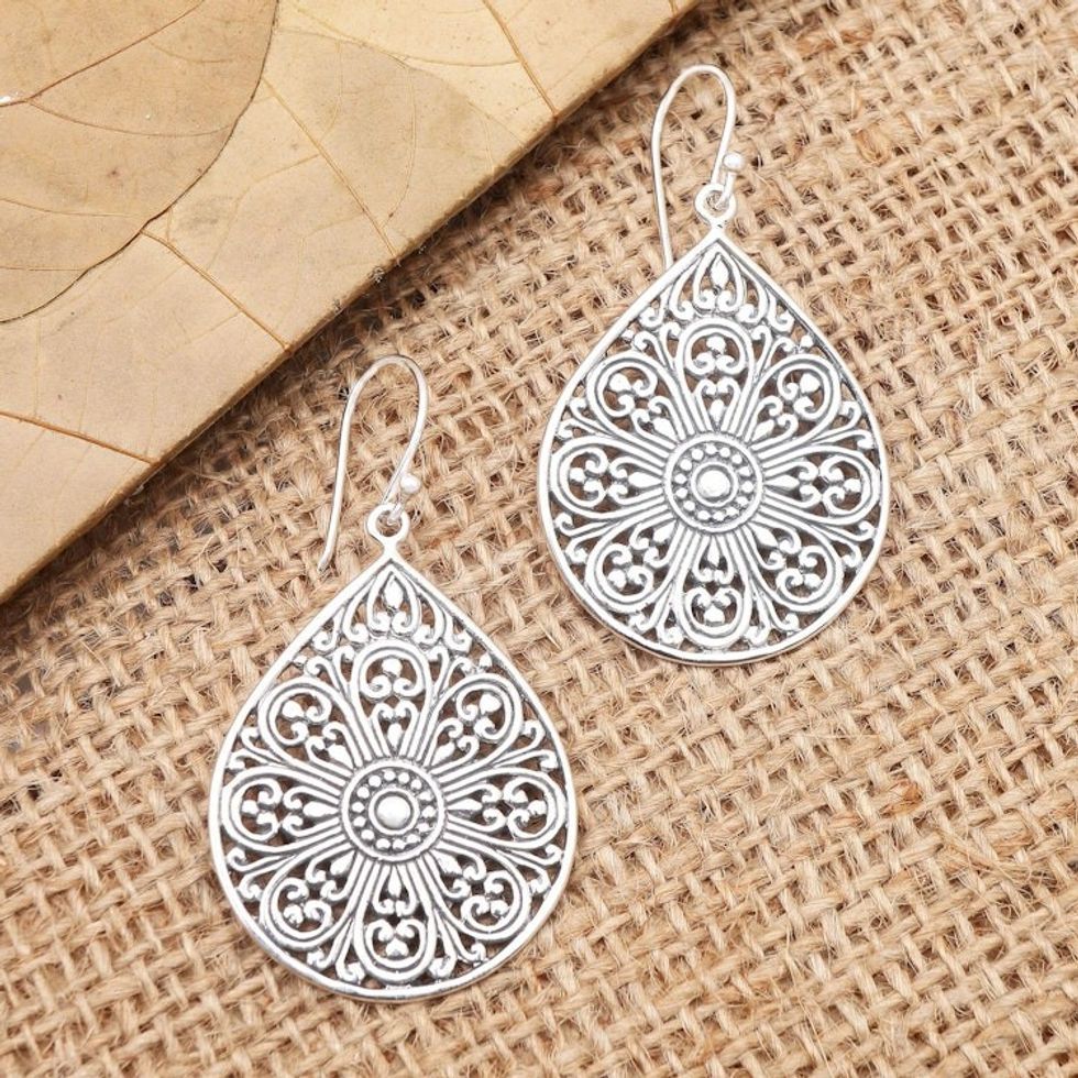 Drop-Shaped Sterling Silver Dangle Earrings from Bali 'Glorious Teardrops'