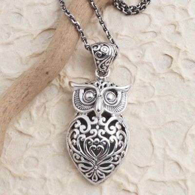 Alternate image for Hand Crafted Sterling Silver Owl Pendant Necklace Knowing Owl