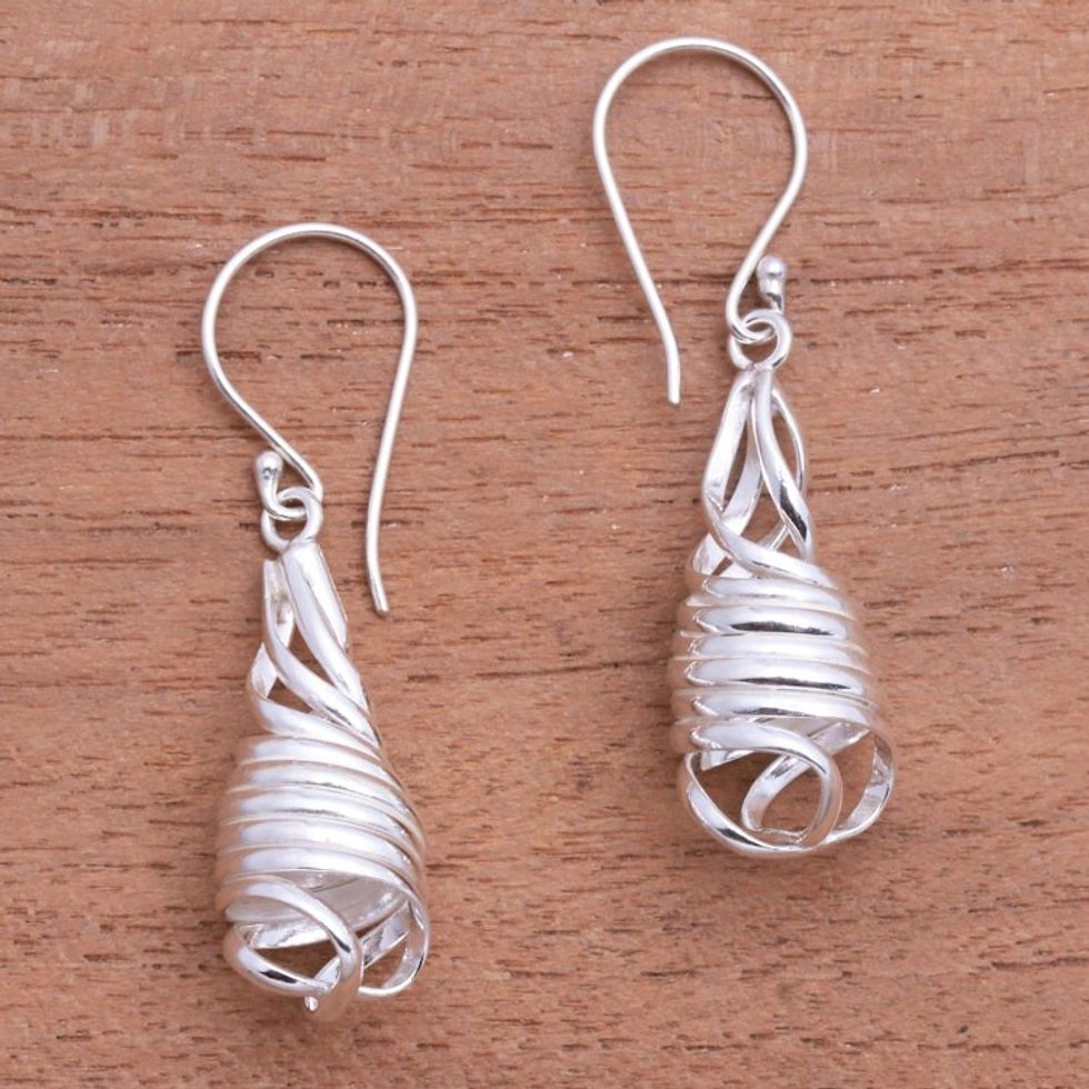 Handcrafted Spiral Sterling Silver Dangle Earrings from Bali 'Pure Spiral'