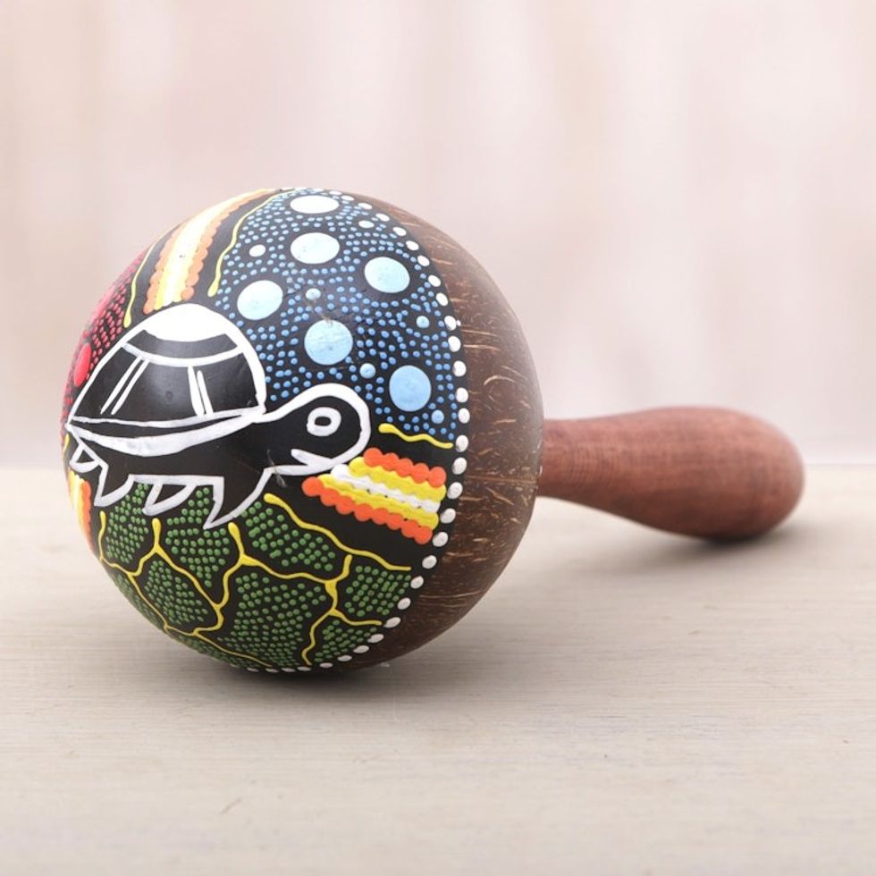 Turtle-Theme Mahogany and Coconut Shell Maraca from Bali 'Turtle Rhythm'