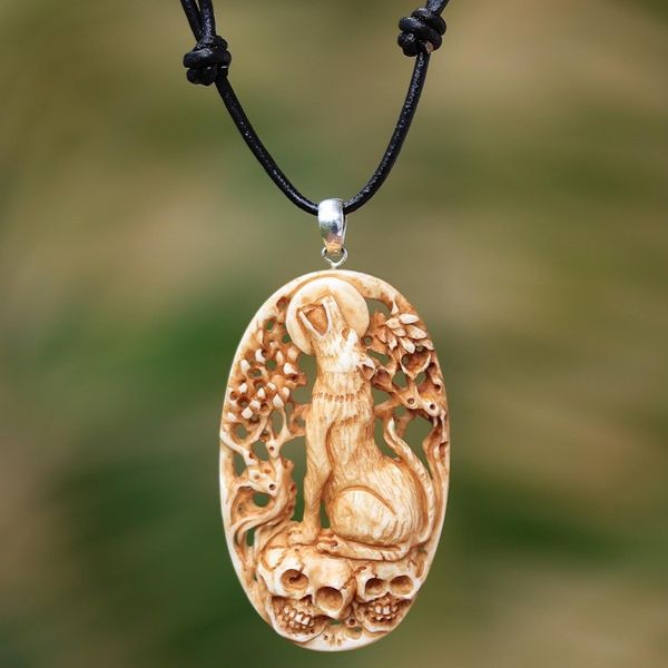 Alternate image for Hand-Carved Bone Wolf Pendant Necklace from Bali Setra Wolf