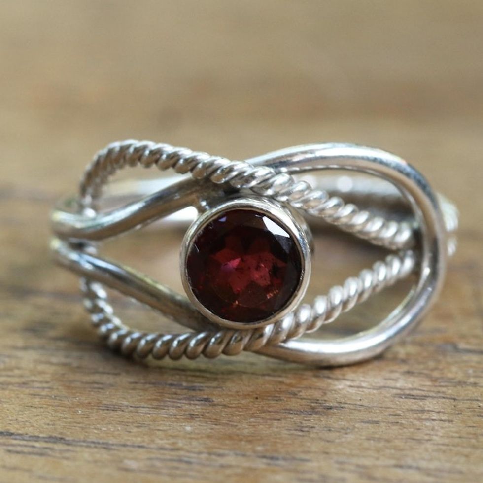 Wire Pattern Garnet Solitaire Ring from Bali 'Captured Gem'