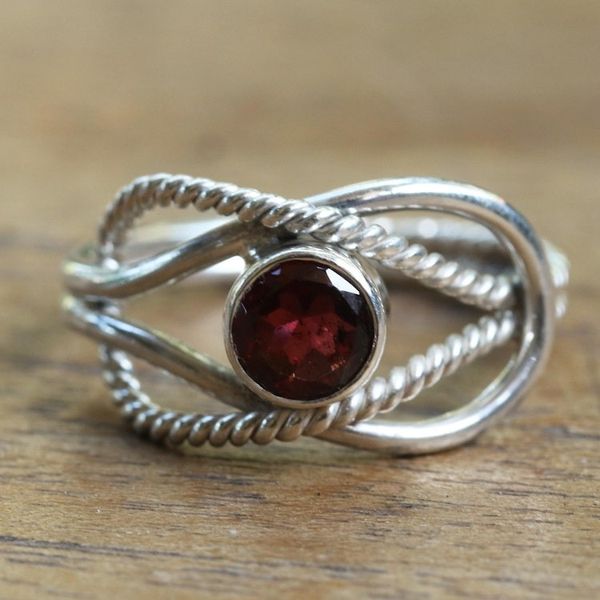 Alternate image for Wire Pattern Garnet Solitaire Ring from Bali Captured Gem