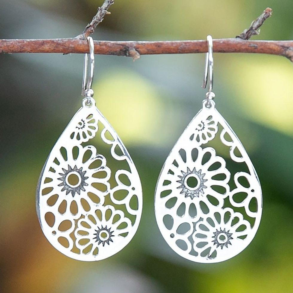 Drop-Shaped Floral Sterling Silver Dangle Earrings 'Radiant Summer'