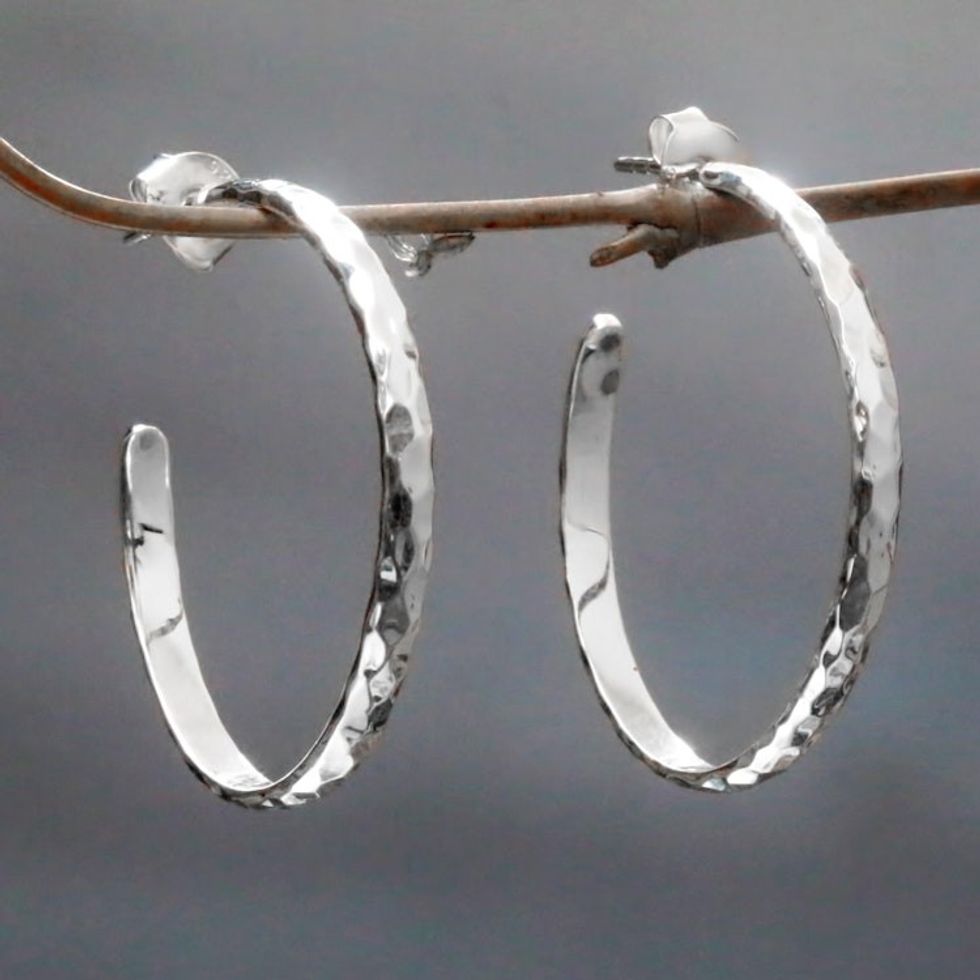 Hand Crafted Sterling Silver Half Hoop Earrings from Bali 'Mosaic in Sterling'