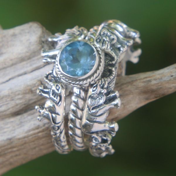 Alternate image for Blue Topaz and Silver Stacking Rings Set of 3 Indonesia Elephant Shrine
