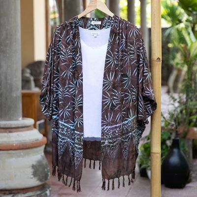 Alternate image for Leaf Motif Batik Rayon Kimono Jacket in Brown from Bali Denpasar Lady in Brown