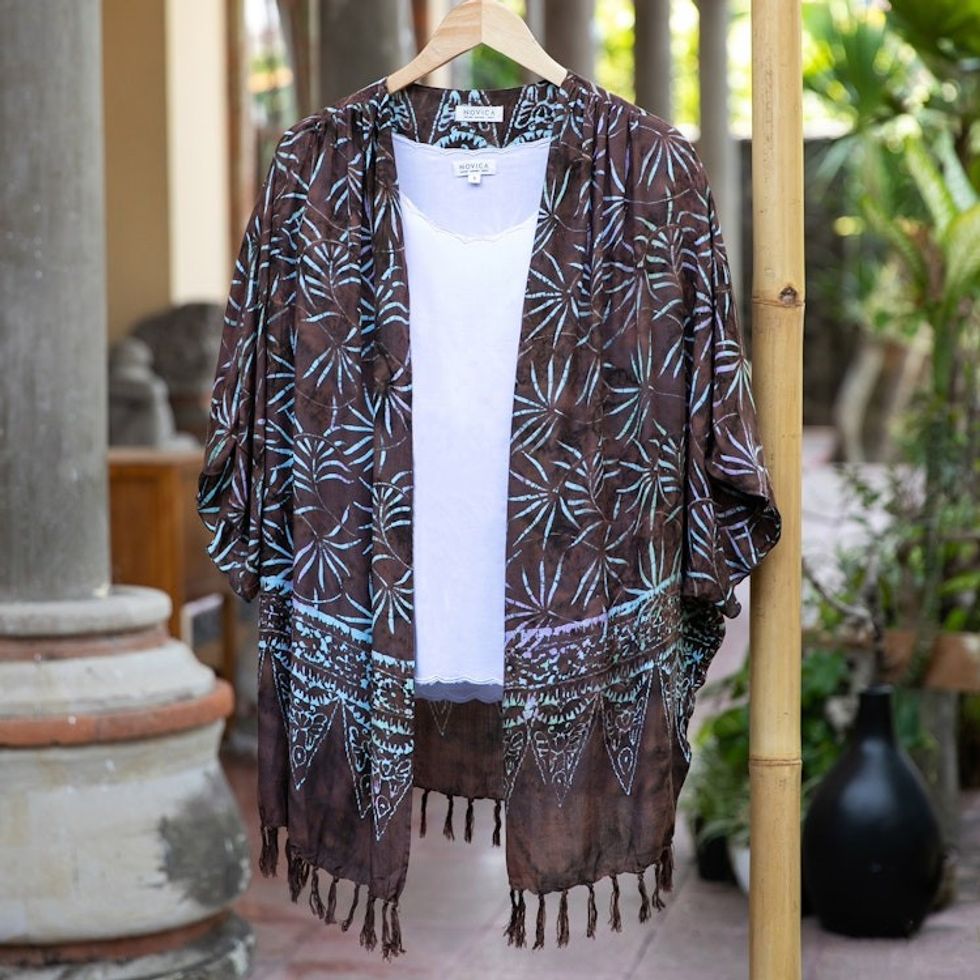 Leaf Motif Batik Rayon Kimono Jacket in Brown from Bali 'Denpasar Lady in Brown'