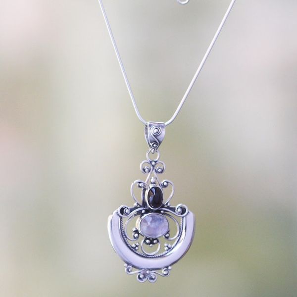Alternate image for Indonesian Sterling Silver and Rainbow Moonstone Necklace Arabesque