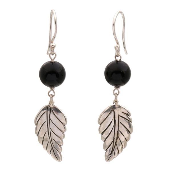 Alternate image for Black Onyx Leaf Dangle Earrings from Indonesia Lucky Manggis