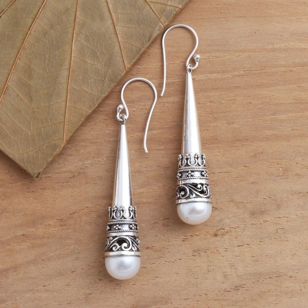 Sterling Silver Cone Dangle Earrings with Cultured Pearl 'Bali Cornet'