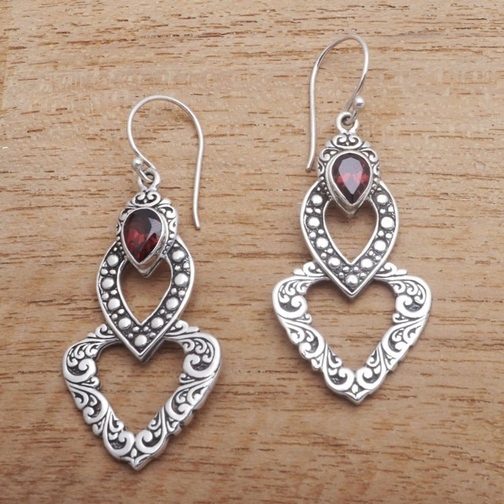 Heart-Shaped Faceted Garnet Dangle Earrings from Bali 'Hearts of Waves'