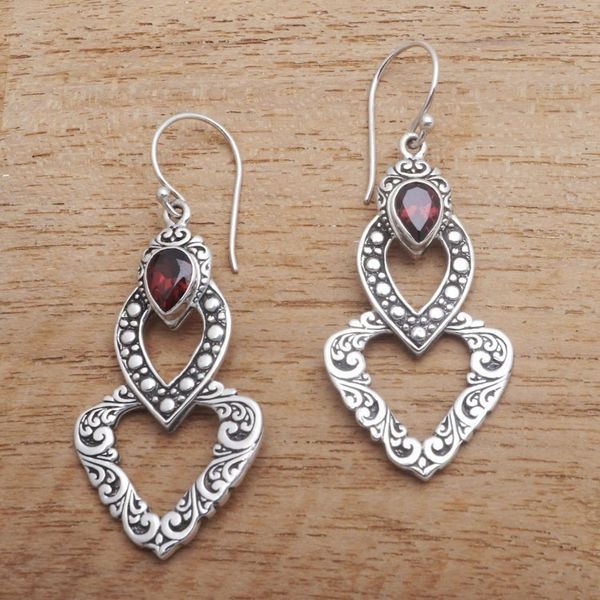 Alternate image for Heart-Shaped Faceted Garnet Dangle Earrings from Bali Hearts of Waves