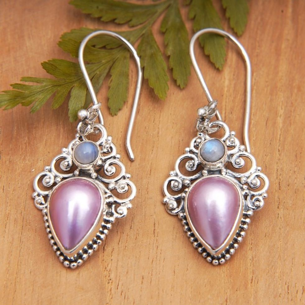 Classic Rainbow Moonstone and Cultured Pearl Dangle Earrings 'Palatial Pearls'