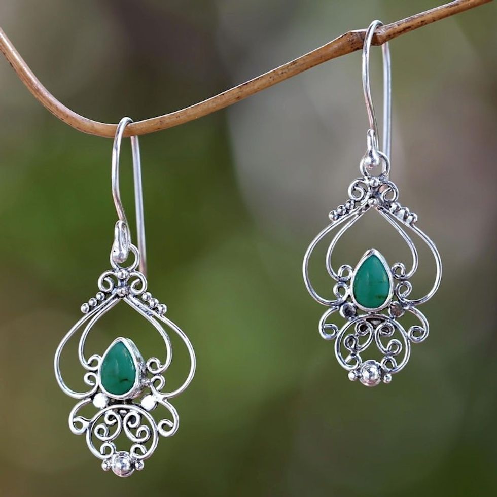 Ornate Natural Turquoise Dangle Earrings from Bali 'Turquoise Arabesque'