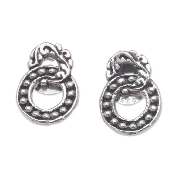 Alternate image for Sterling Silver Button Earrings with Balinese Motifs Joined Rings