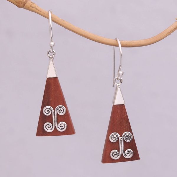 Alternate image for Wood Triangle Sterling Silver Swirl Modern Dangle Earrings Reach