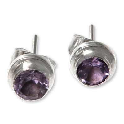 Alternate image for Round Amethyst and Sterling Silver 925 Stud Earrings Purple Simplicity