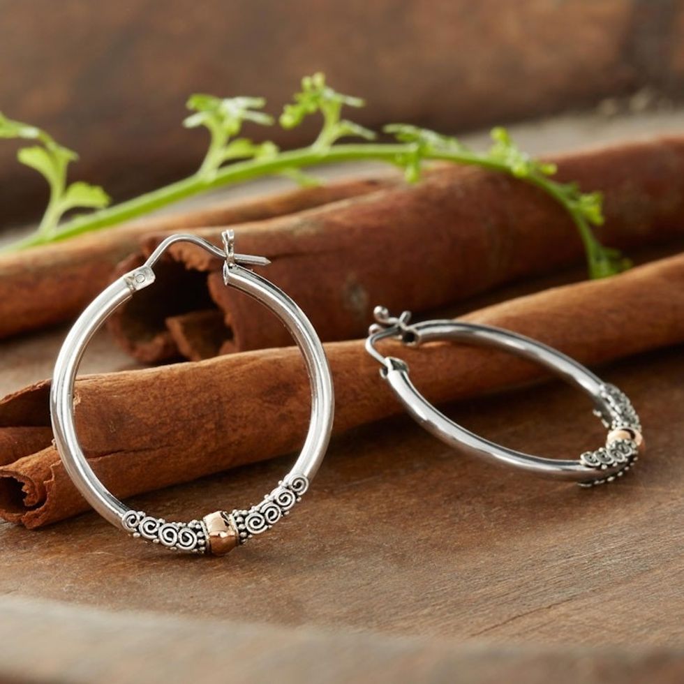 Fair Trade Gold Accented Sterling Silver Hoop Earrings 'Cloud-Kissed Moon'