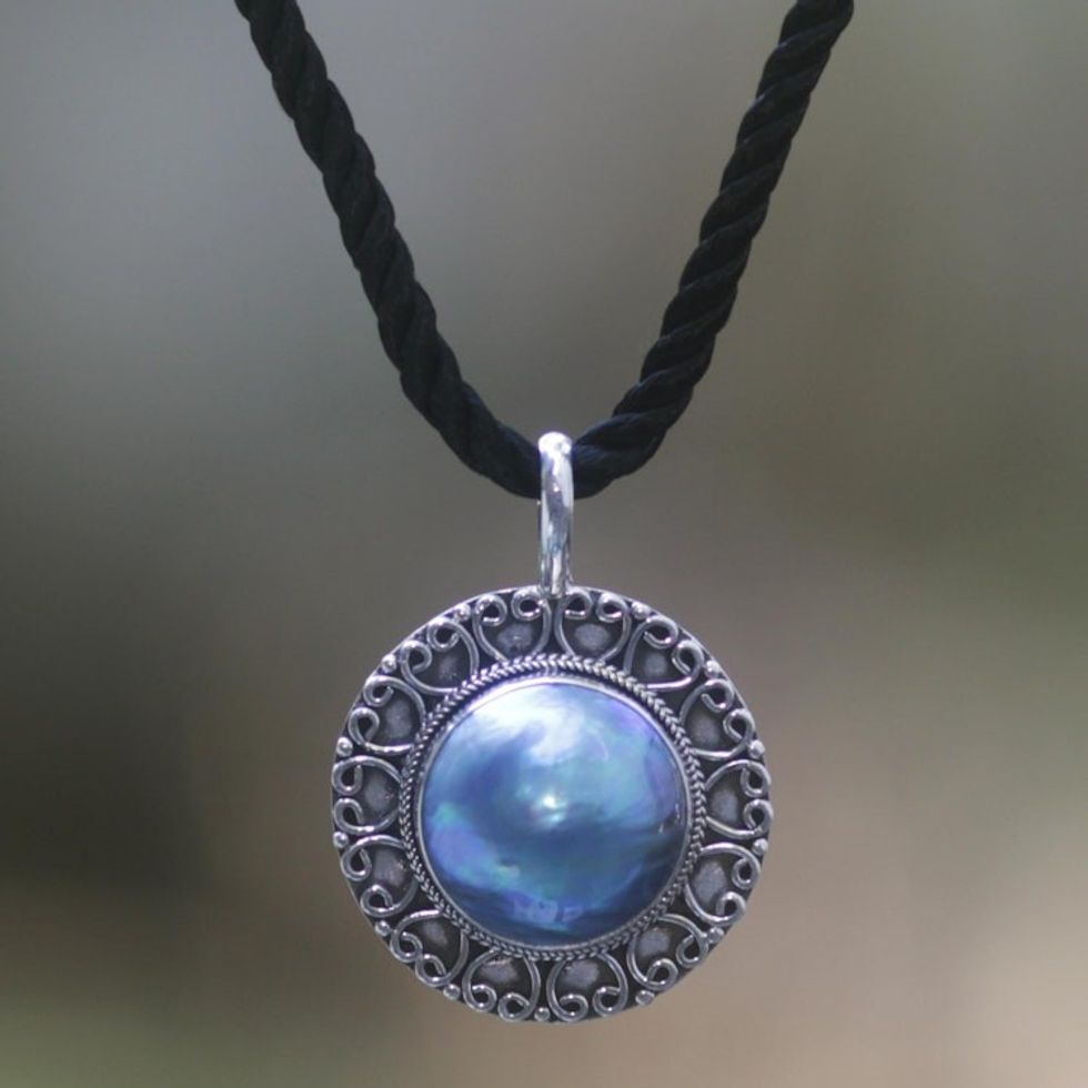 Unique Sterling Silver and Pearl Pendant Necklace 'Blue Indonesian Moon'