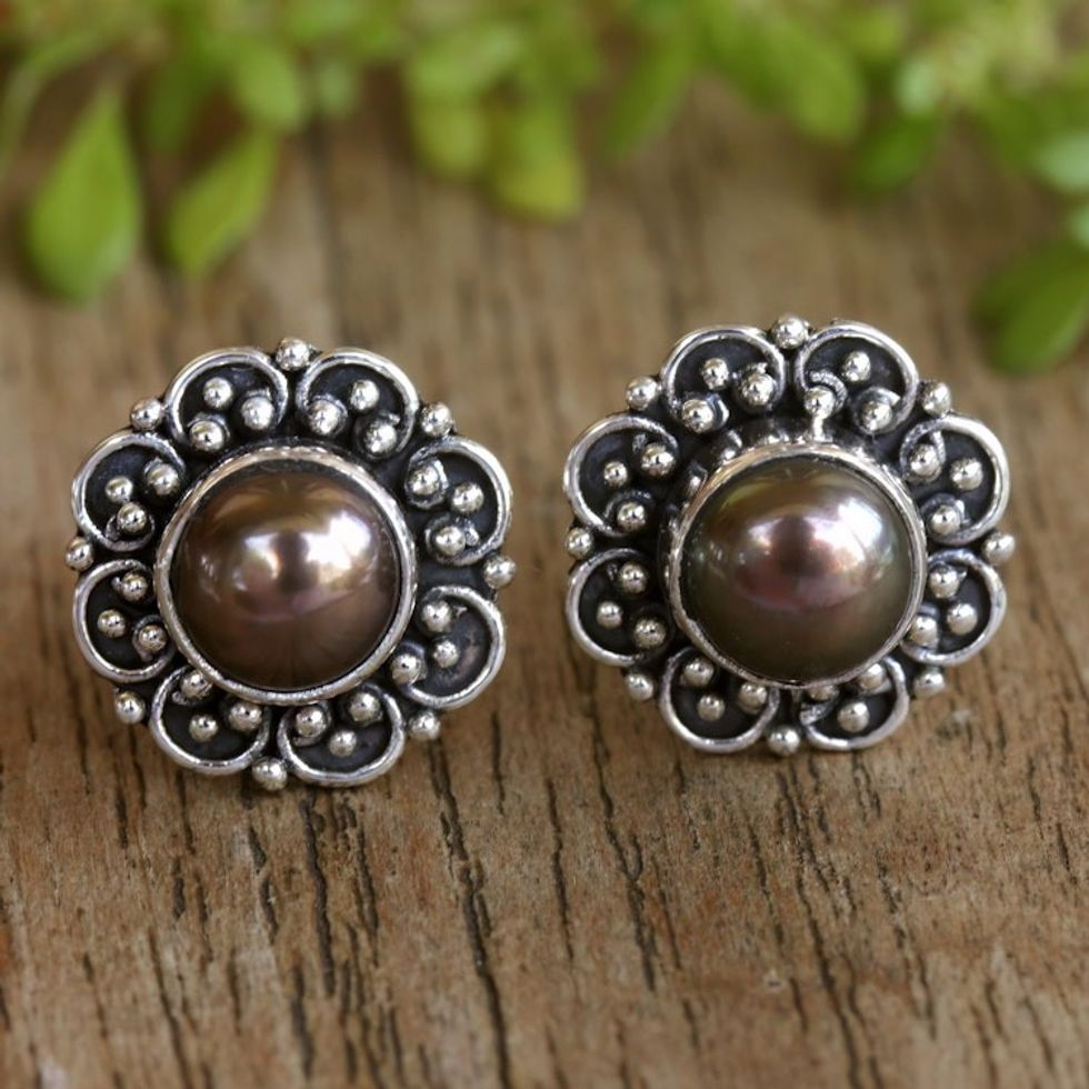 Sterling Silver Floral Stud Earrings with Cultured Pearls 'Summer Bloom'