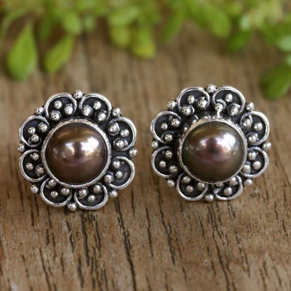 Alternate image for Sterling Silver Floral Stud Earrings with Cultured Pearls Summer Bloom
