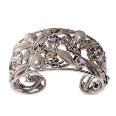 Alternate image for Floral 925 Silver Cuff Bracelet with Amethysts and Pearls Temple Garden