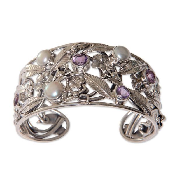Alternate image for Floral 925 Silver Cuff Bracelet with Amethysts and Pearls Temple Garden