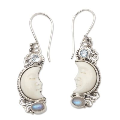 Alternate image for Hand Crafted Blue Topaz and Rainbow Moonstone Earrings Blue Light