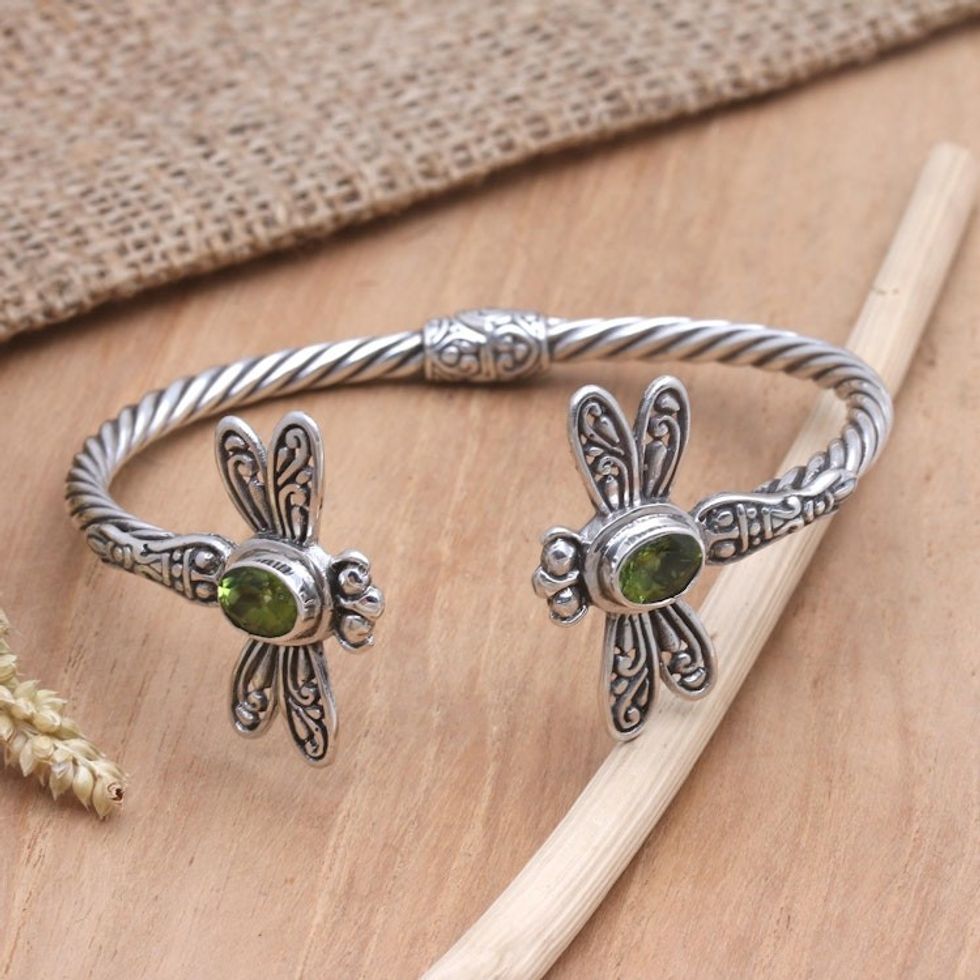 Peridot Cuff Bracelet with Dragonfly Motif 'Soft Flutter in Green'