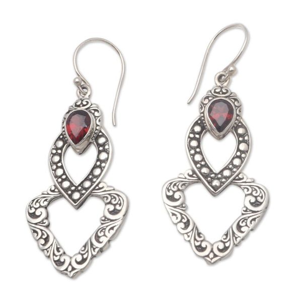 Alternate image for Heart-Shaped Faceted Garnet Dangle Earrings from Bali Hearts of Waves
