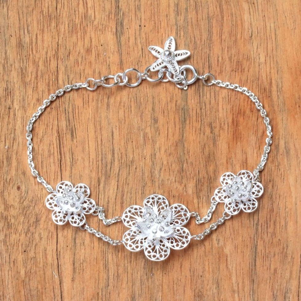 Floral Sterling Silver Filigree Pendant Bracelet from Java 'Floral Story'