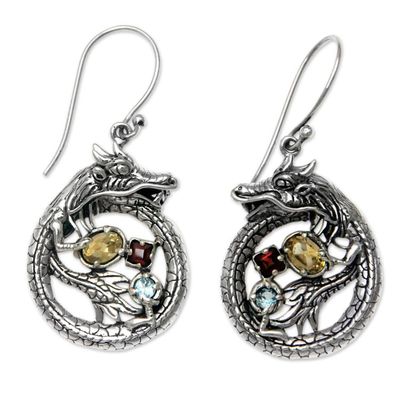 Alternate image for Sterling Silver Dragon Earrings Garnet Citrine and Topaz Dragons Prize