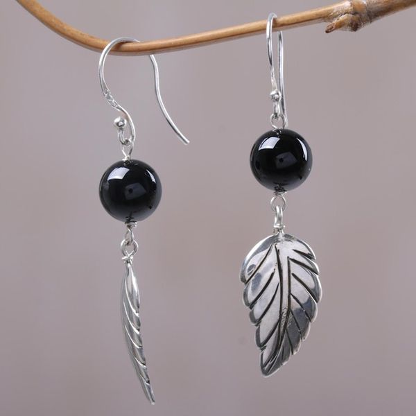 Alternate image for Black Onyx Leaf Dangle Earrings from Indonesia Lucky Manggis
