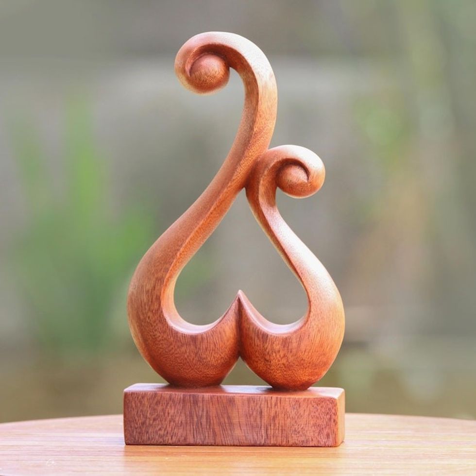 Hand Carved Suar Wood Abstract Heart Sculpture 'Lover's Bloom'