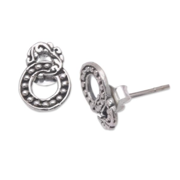 Alternate image for Sterling Silver Button Earrings with Balinese Motifs Joined Rings
