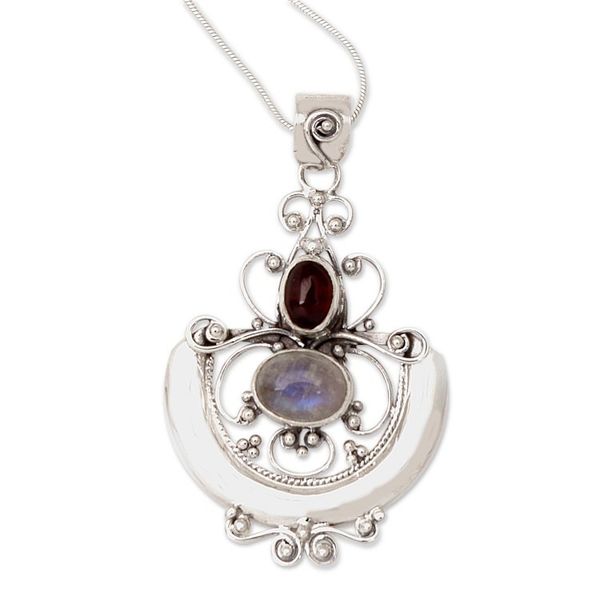 Alternate image for Indonesian Sterling Silver and Rainbow Moonstone Necklace Arabesque
